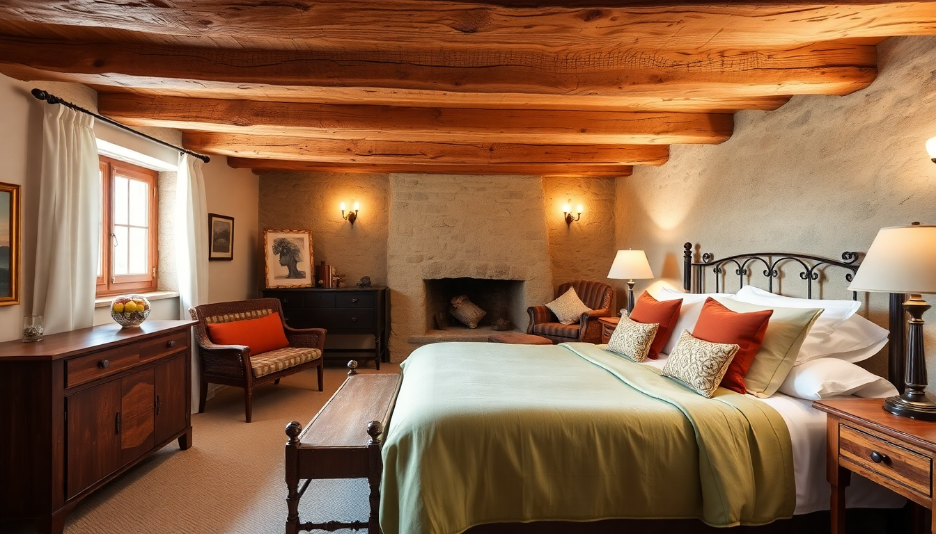 Chambre rustique avec poutres en bois et lit confortable